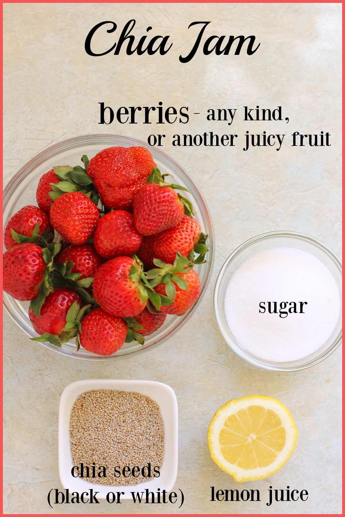 Chia jam ingredients, labeled, with title.