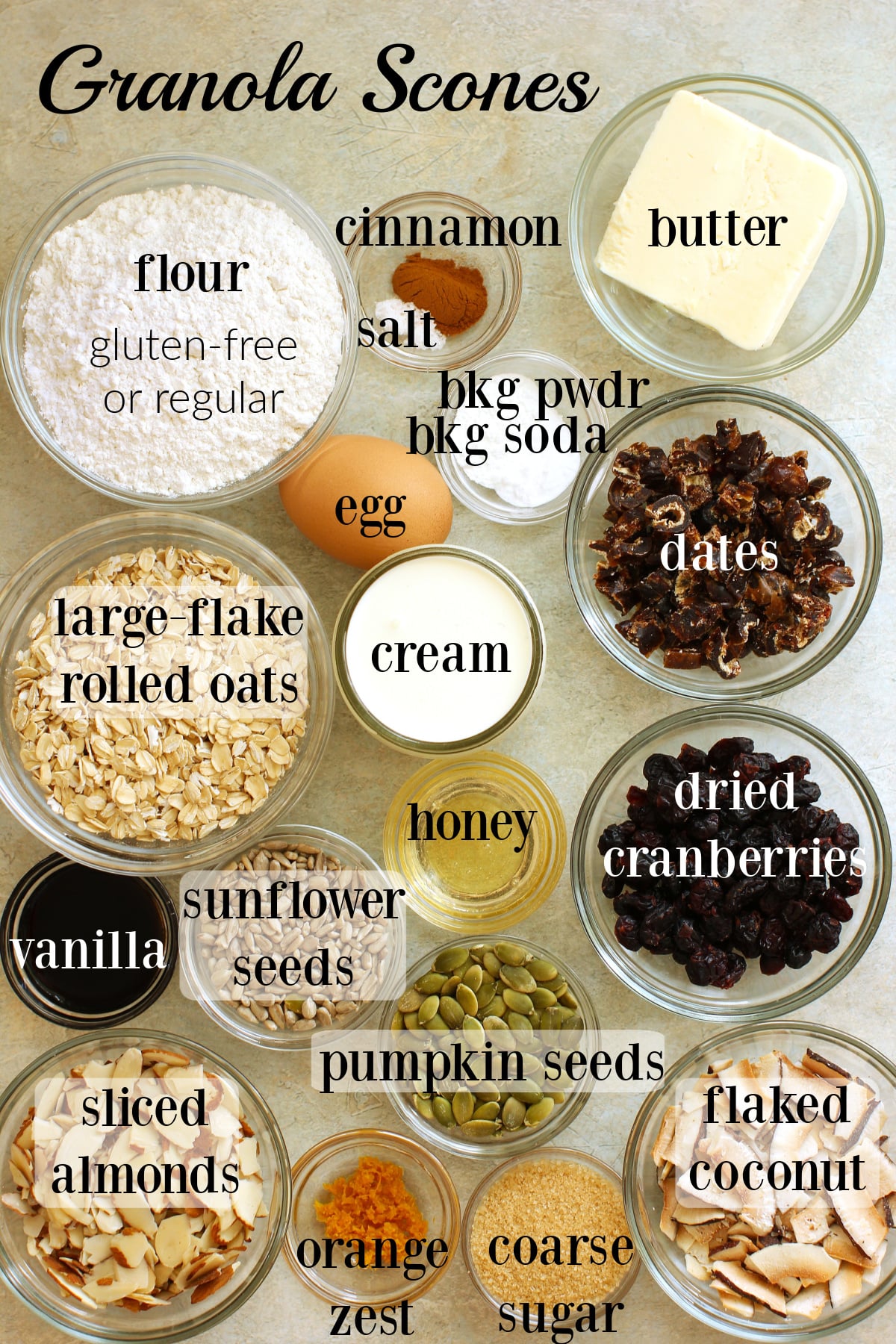 Labeled ingredients needed to make granola scones.
