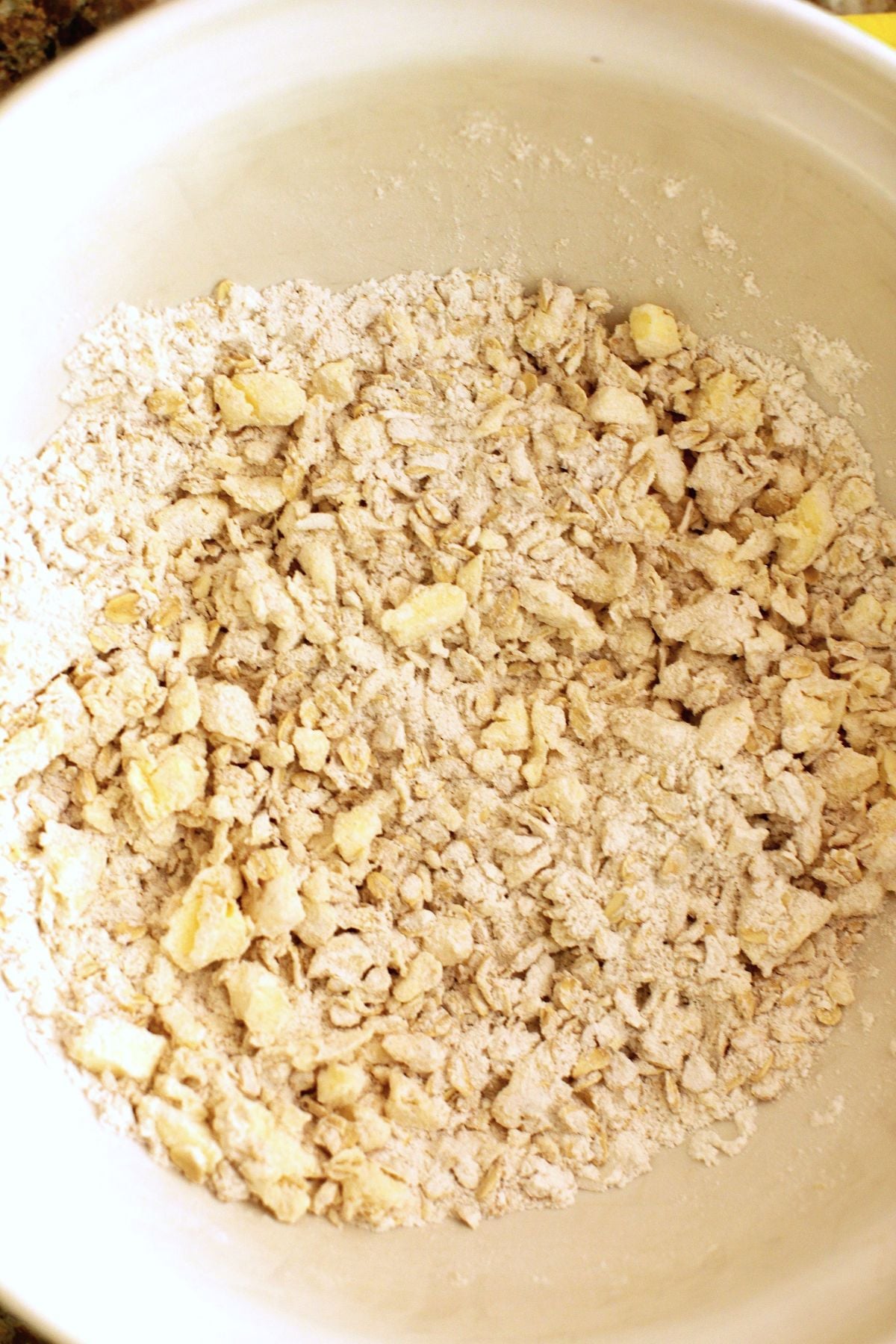butter cut into pea-sized lumps in the dry ingredients in the bowl.