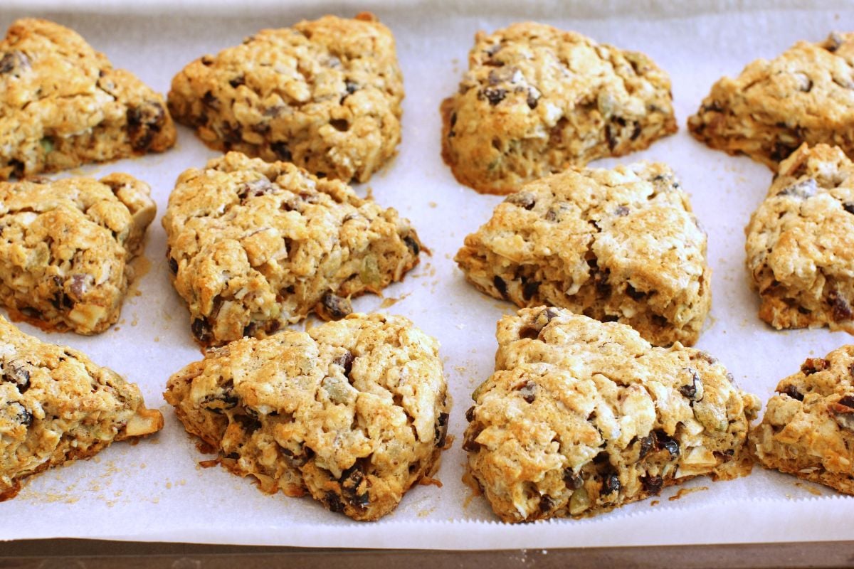 Pan full of baked scones.