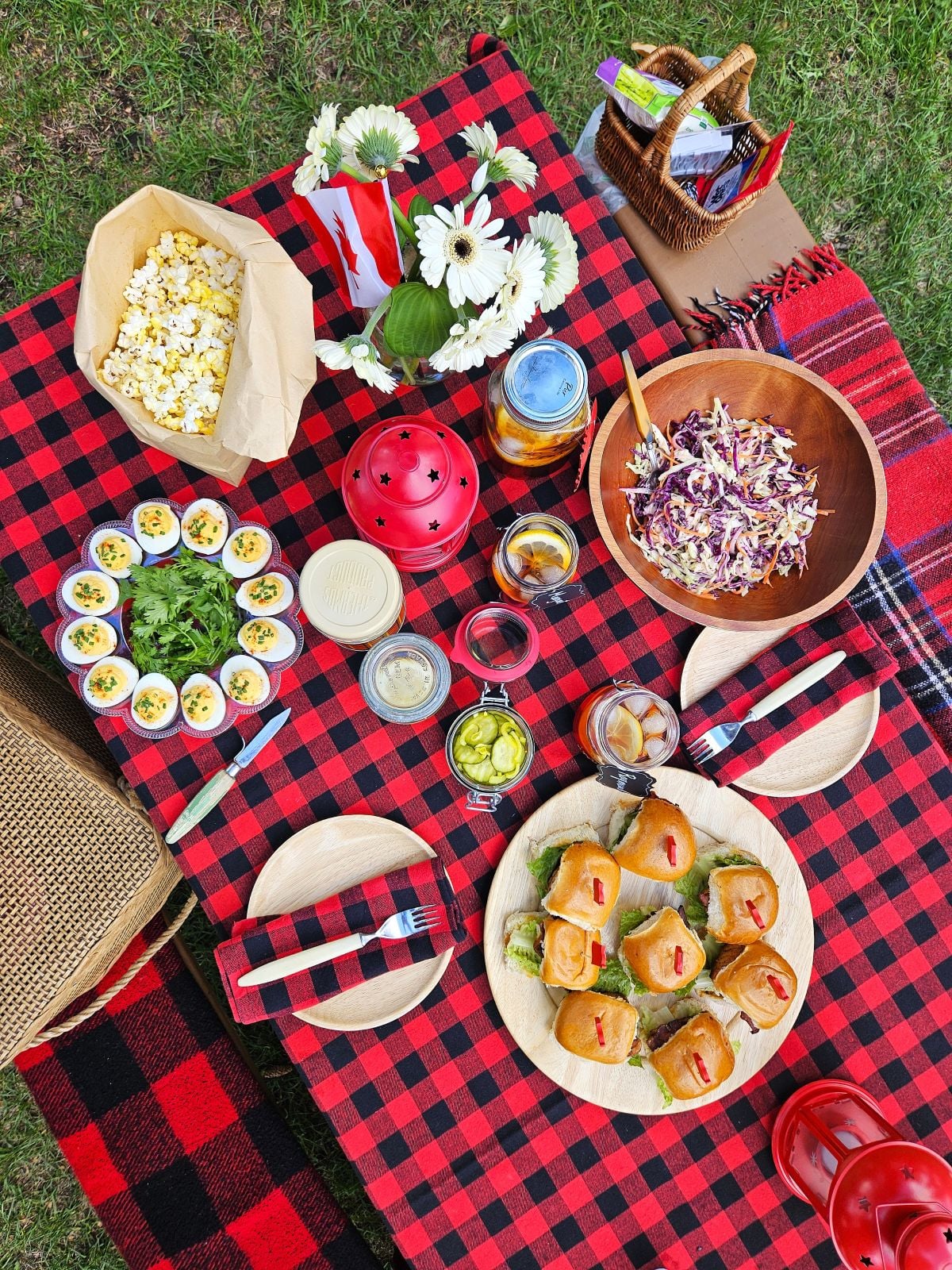 Top down view of the Canadiana picnic set with plates and food.