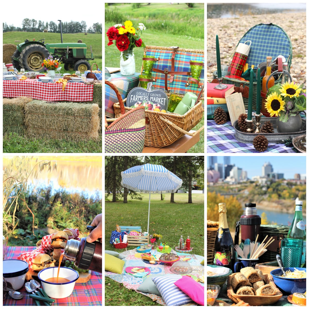 6 photo collage of different picnics.