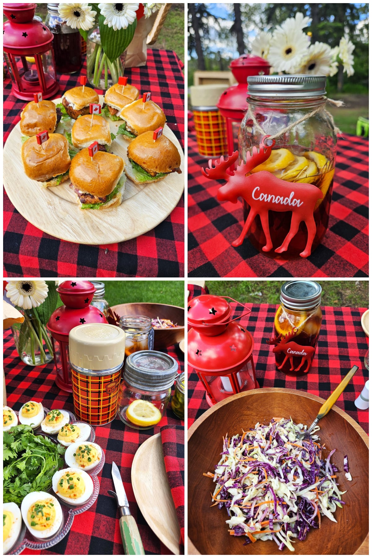 4 photo collage of Canadiana picnic food. top left, salmon slider buns, top right, mason jar of iced tea, bottom left, platter of deviled eggs, bottom right, wooden bowl of coleslaw.