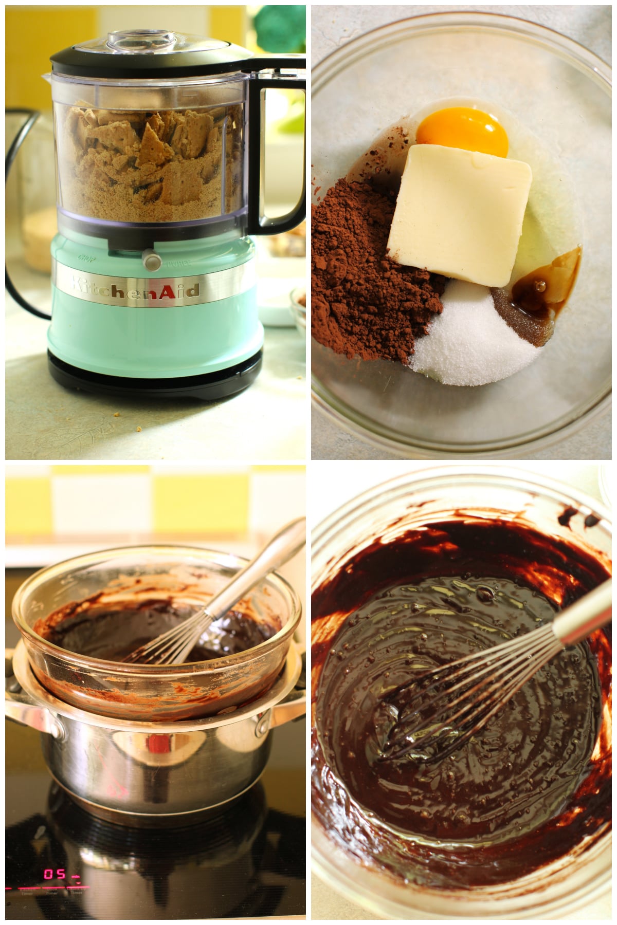 4 photo collage of making the chocolate custard base for the Nanaimo Bars. top left: whizzing the graham wafer crumbs in a mini chopper. top right: adding the custard ingredients to a glass bowl. bottom left: the custard in the bowl set over a pot of simmering water on the stove. bottom right: whisk in the bowl of cooked custard.