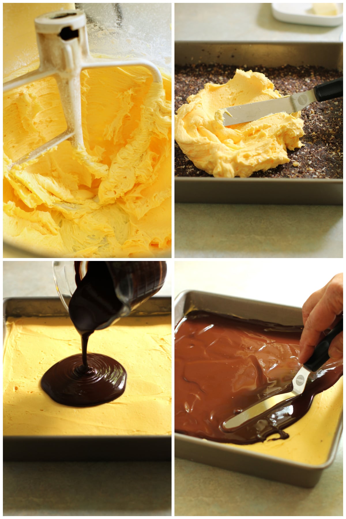 4 photo collage of making the top 2 layers for Nanaimo Bars. top left: beating the icing. top right: spreading the icing on the base layer. bottom left: pouring the chocolate on top of the icing layer. bottom right: spreading the chocolate with an offset spatula.