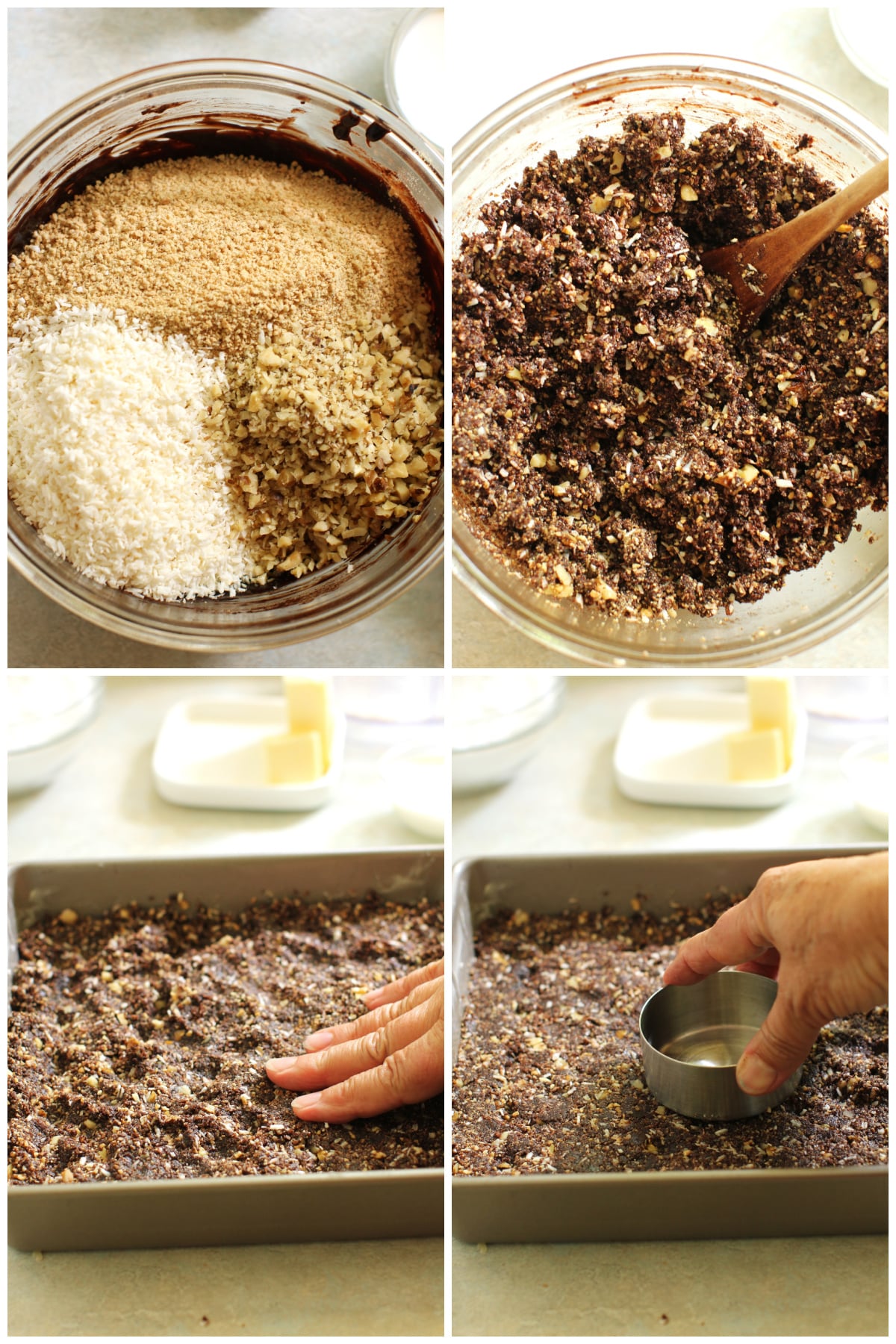 4 photo collage of finishing the base layer for the Nanaimo bars. top left: adding the dry ingredients to the chocolate pudding. top right: once it's stirred, you can see how crumbly it is. bottom left: packing it into the pan with fingers. bottom right: using the bottom of a measuring cup to smooth the top.