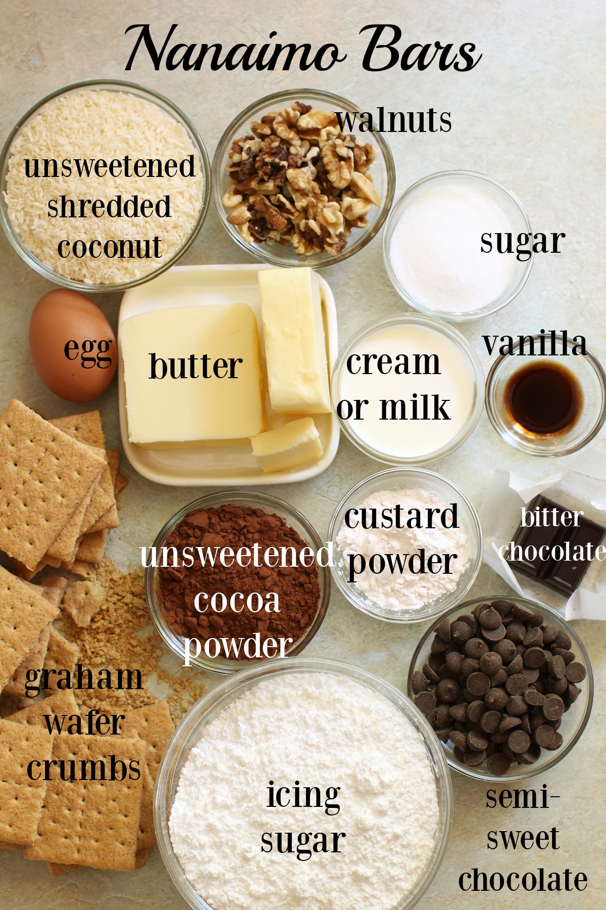 Labeled ingredients in small bowls, for making Nanaimo bars.