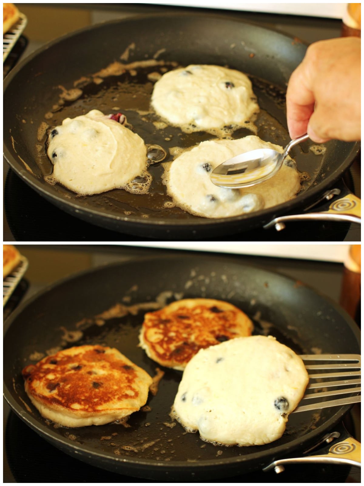 2 photo collage of frying saskatoon pancakes in a skillet.