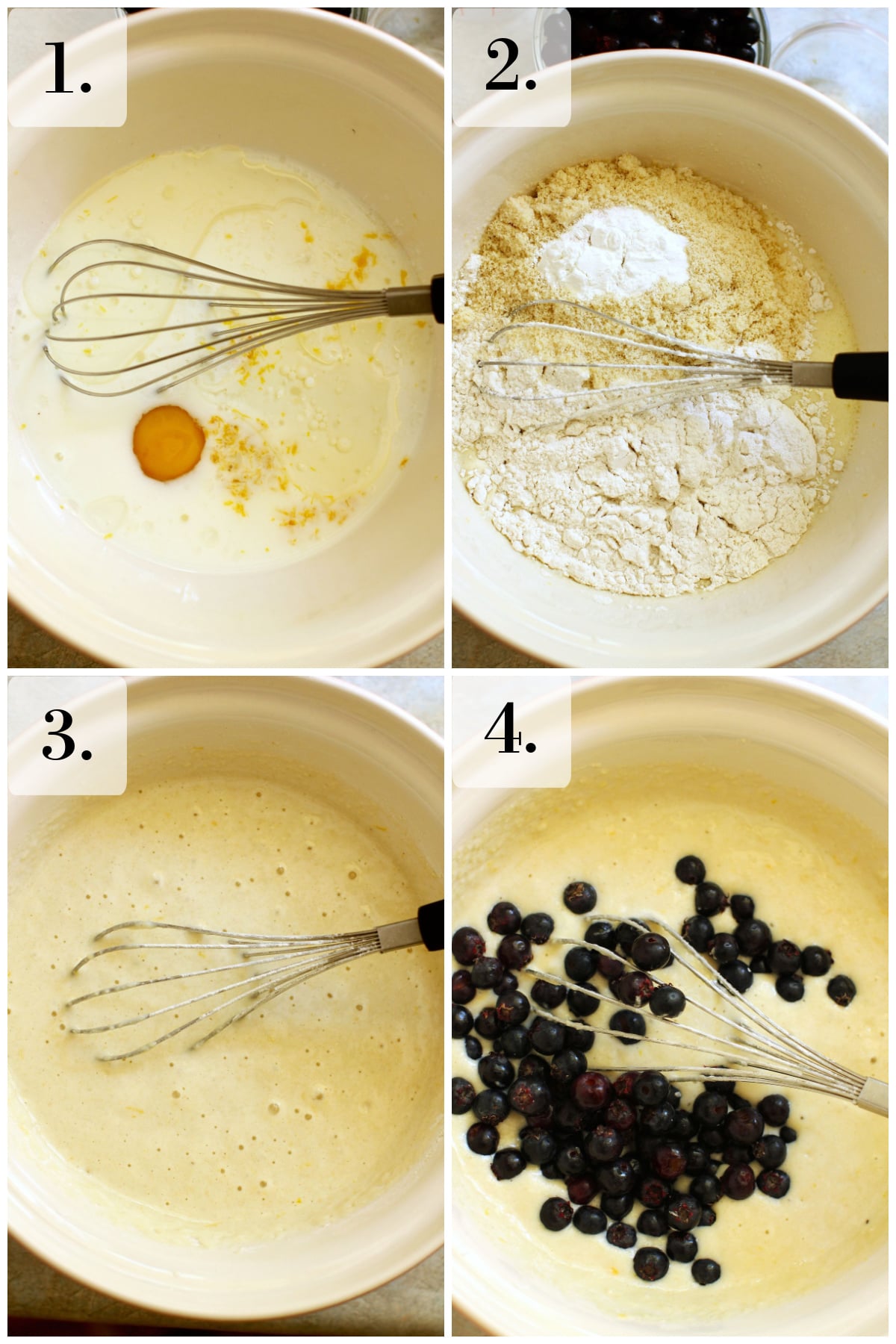 4 photo collage of making the pancake batter.