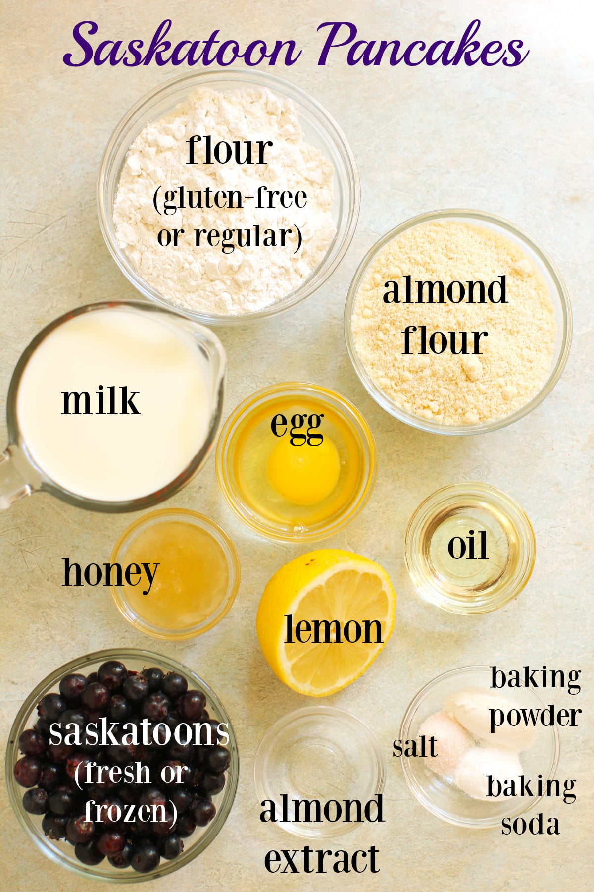 Labeled ingredients for Saskatoon Pancakes.