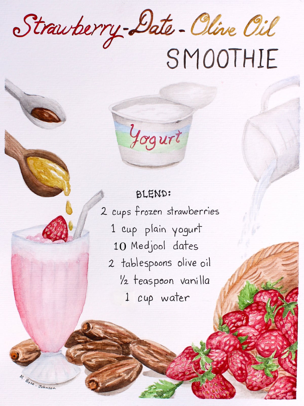 Watercolour painting of ingredients for Strawberry Date Olive Oil Smoothie with recipe printed in middle