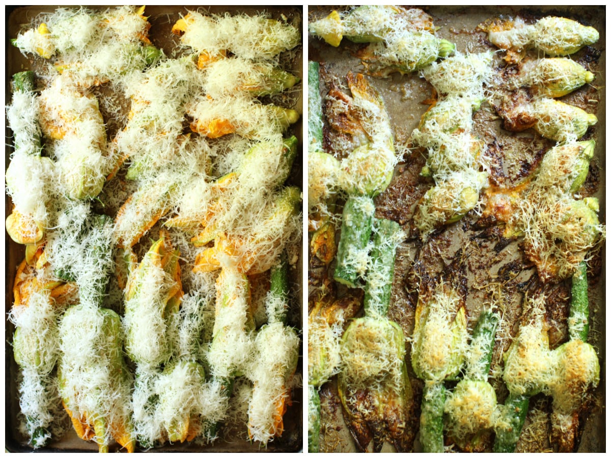 2 photo collage of baked stuffed zucchini blossoms before they go in the oven and after they come out.
