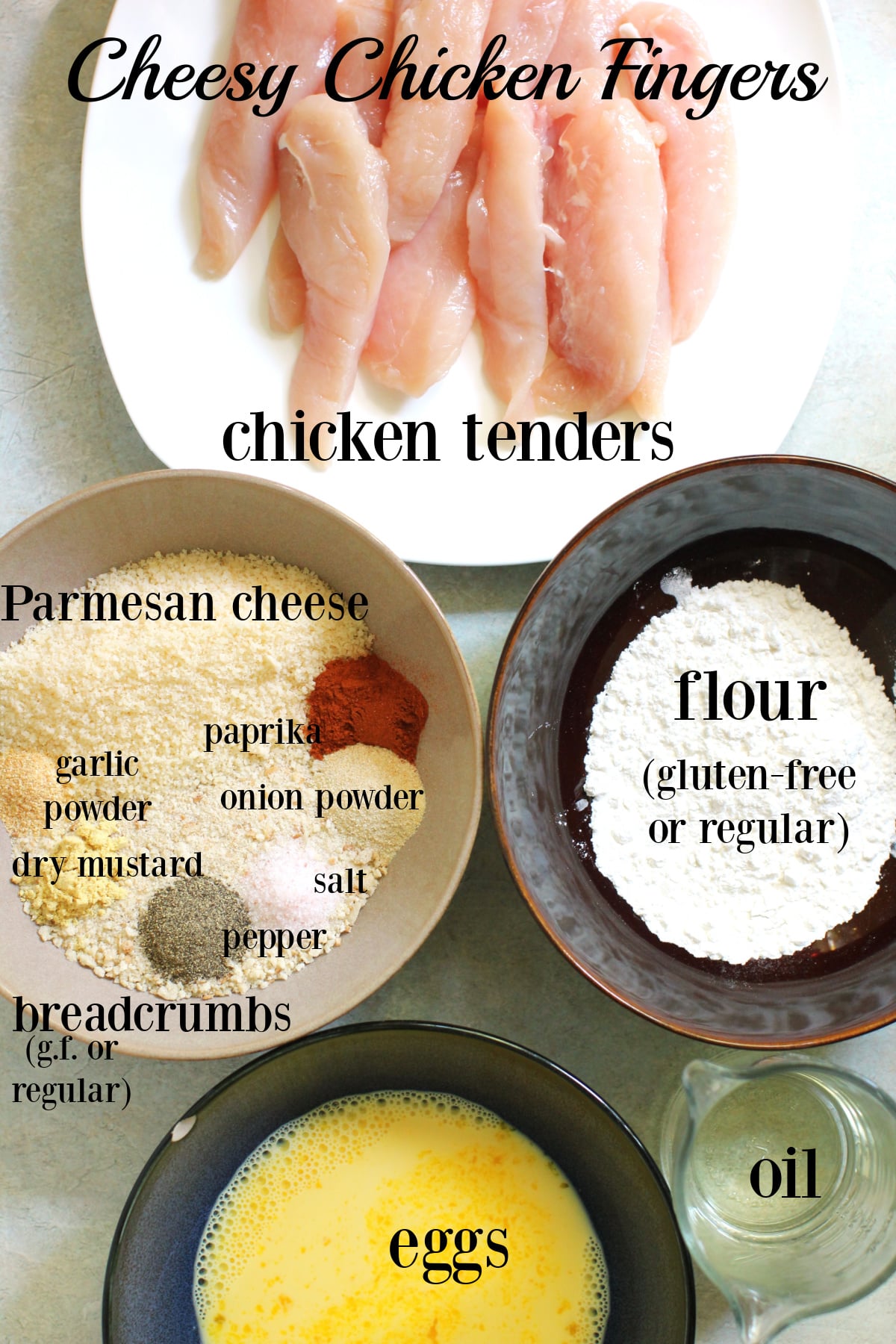 Labeled Ingredients needed to make Cheesy Chicken Fingers.