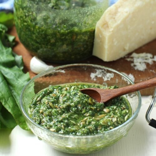 Square thumbnail image of a clear glass bowl of sorrel pesto with a jar of it behind, and a chunk of Parmesan cheese.