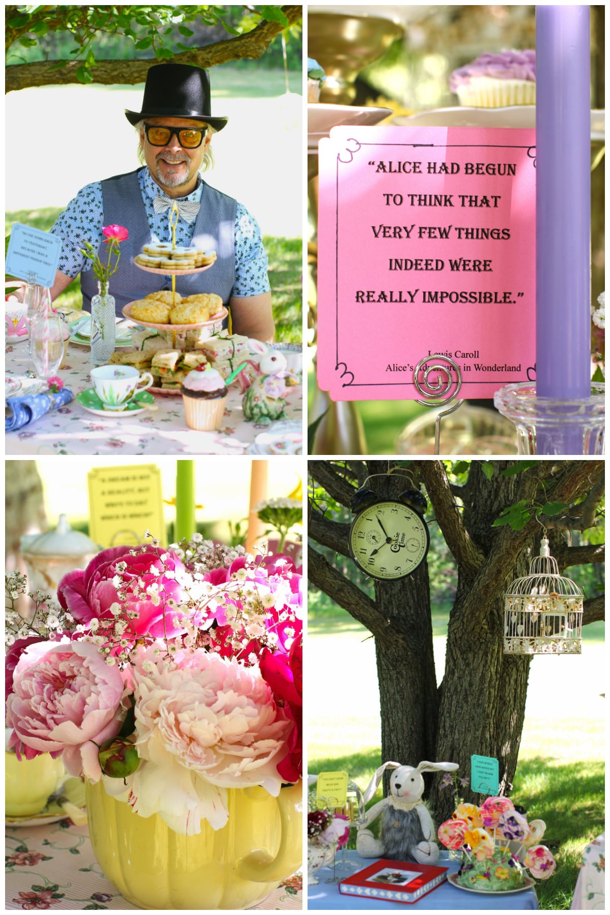 4 photo collage of scenes from the Mad Hatter's Tea Party.
