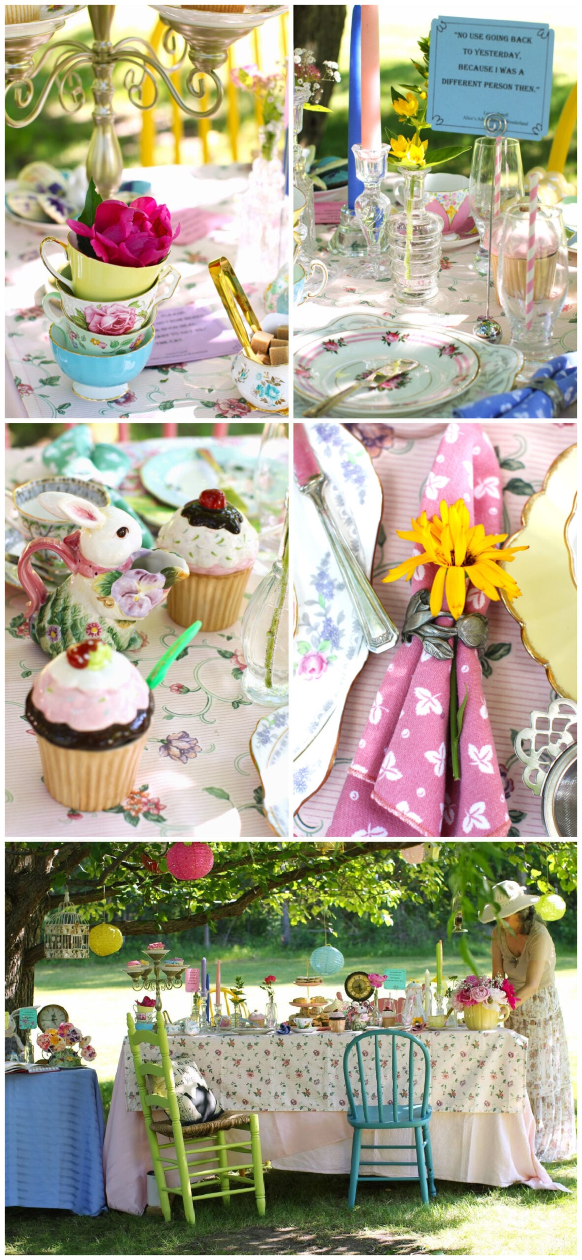 Photo collage of Mad Hatter's Tea Party tablescape and Nicoletta setting table.