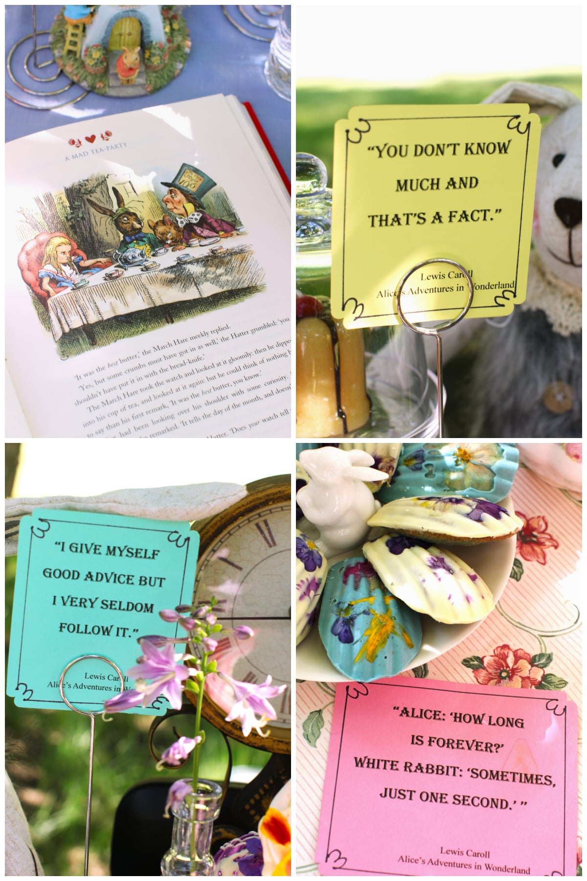 4 photo collage of Lewis Carroll quotes on cards plus a photo of a page from his book depicting the Mad Tea-Party.