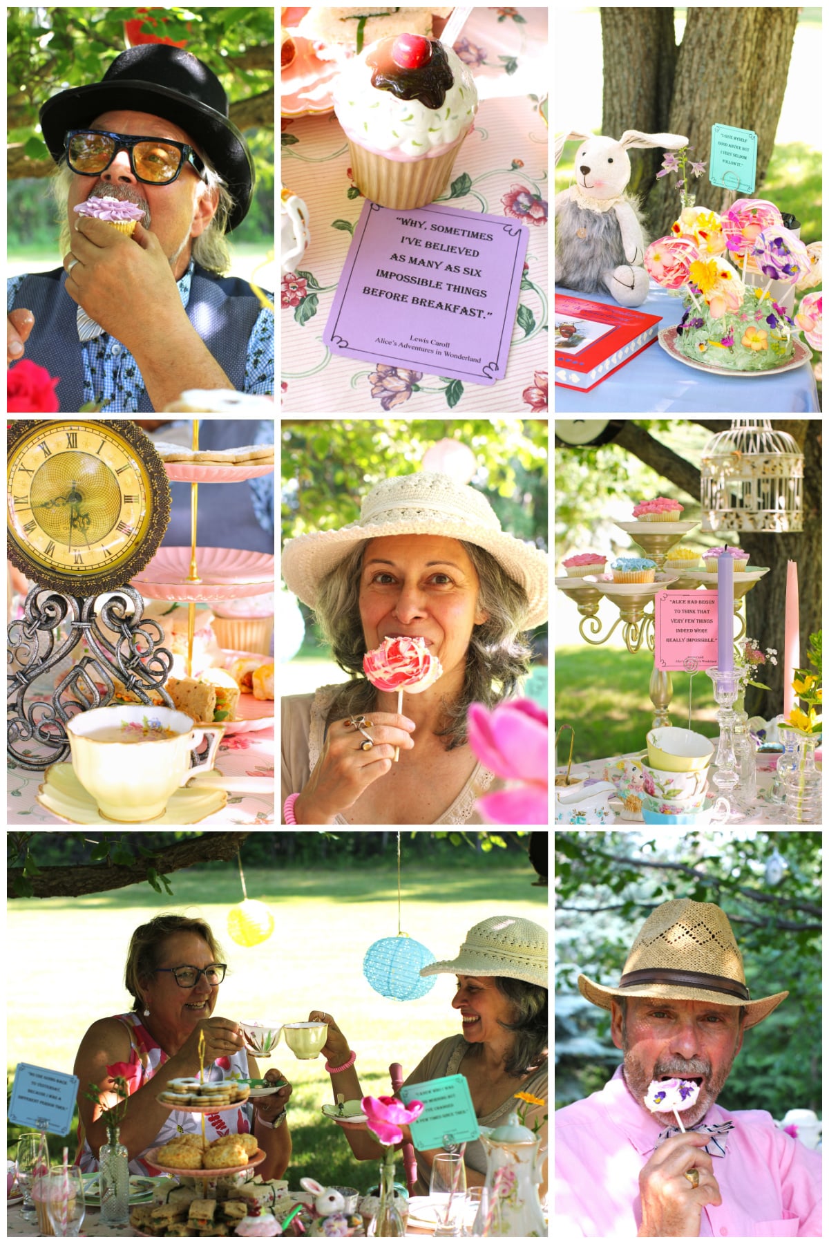 8 photo collage of Mad Tea Party photos, eating sweets and drinking tea.