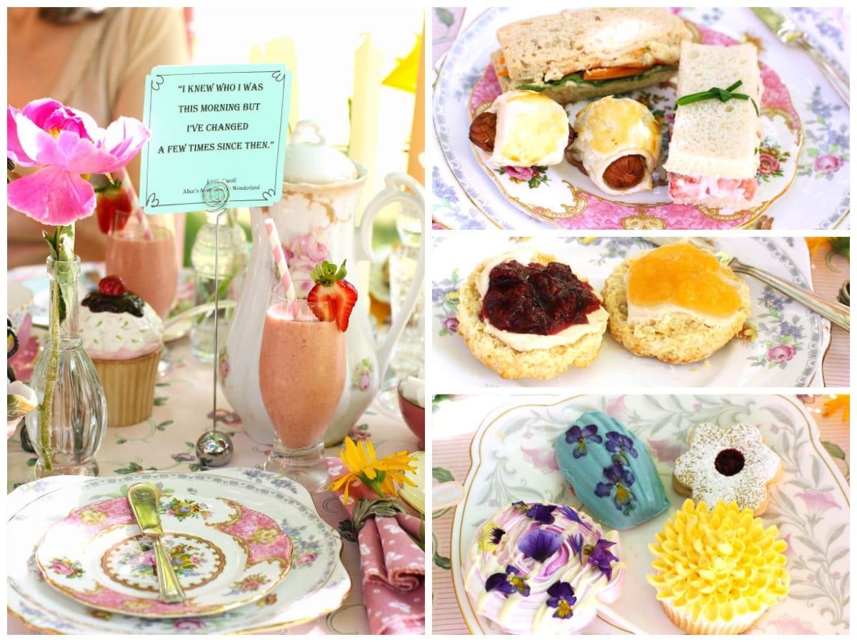 4 photo collage of the dishes served at the Mad Hatter's Tea Party.