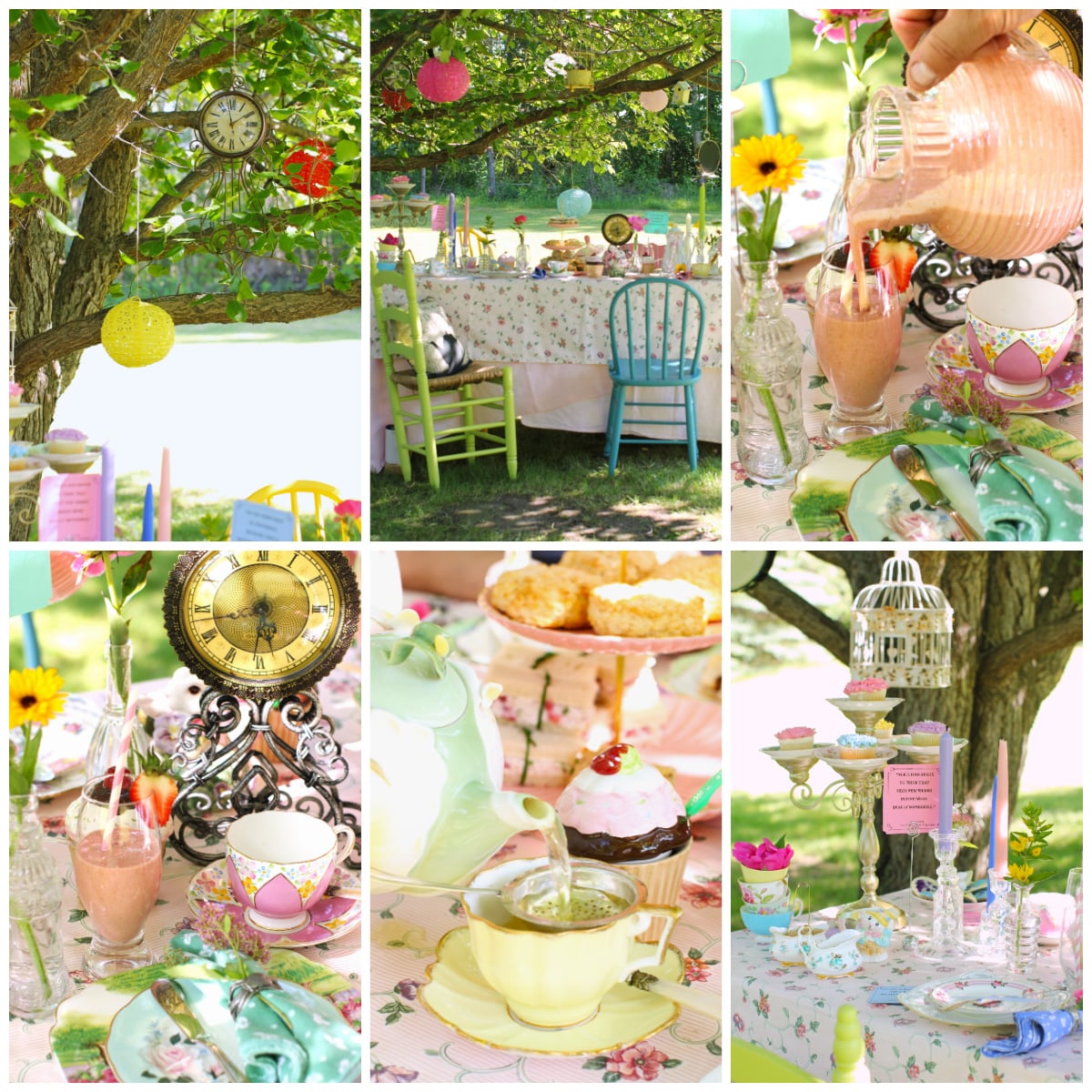 6 photo collage of photos of the Mad Hatter's Tea Party set up.