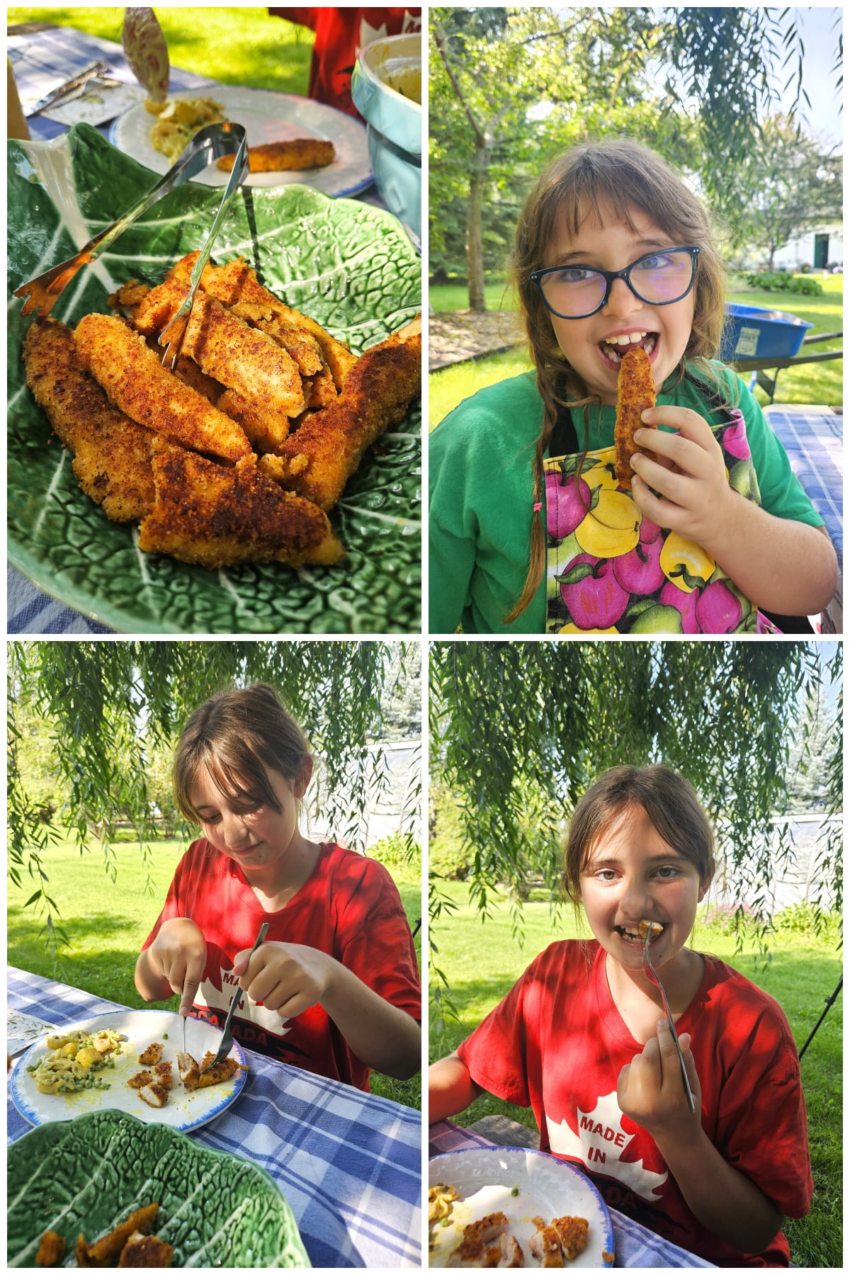 4 photo collage of cheesy chicken fingers and Willow and Ivy enjoying them outside!